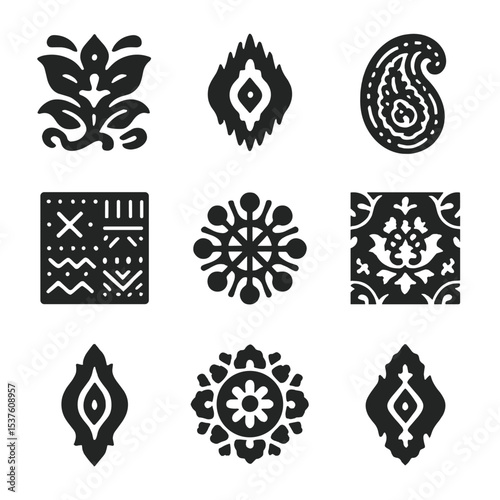 Ethnic Textile Patterns. Solid, filled icons set of ethnic textile patterns: batik, ikat, paisley, tartan,