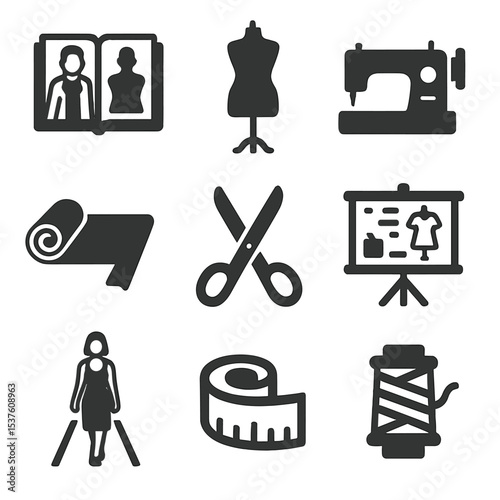 Multicultural Fashion Icons. Solid, filled icons set of multicultural fashion designers: sketchbook, mannequin