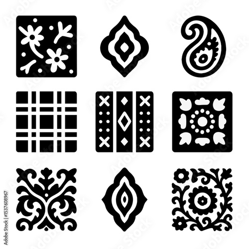 Ethnic Textile Patterns. Solid, filled icons set of ethnic textile patterns: batik, ikat, paisley, tartan,