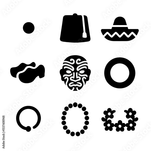Cultural Fashion Icons. Solid, filled icons set of cultural fashion accessories: bindi, fez, sombrero, wooden