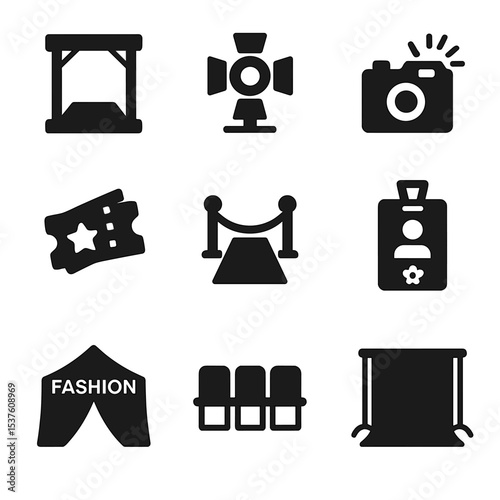 Global Fashion Icons. Solid, filled icons set of global fashion festivals: runway stage, spotlight, camera