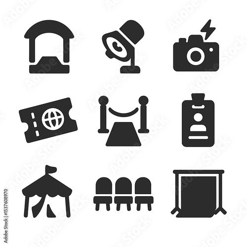 Global Fashion Icons. Solid, filled icons set of global fashion festivals: runway stage, spotlight, camera