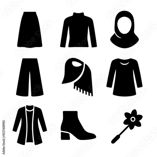 Modest Fashion Icons. Solid, filled icons set of modest fashion across cultures: long skirt, high neckline,