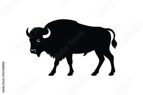 Buffalo standing proudly on a grassy open plain silhouette Vector illustration