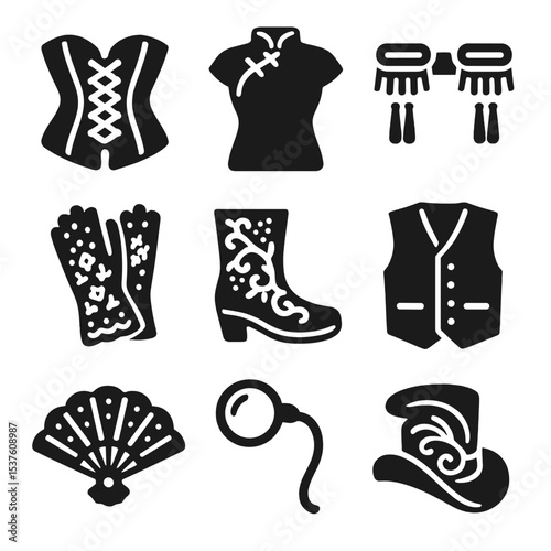 Historical Fashion Icons. Solid, filled icons set of historical fashion fusion: corset, cheongsam, epaulets,