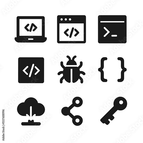 Cultural and Coding Icons Grid. Solid, filled icons set of fashion symbolism by culture: yin yang, lotus,