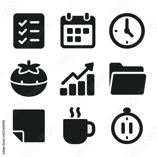 Digital Productivity Icons. Solid, filled icons set of productivity for digital creators: checklist, calendar,