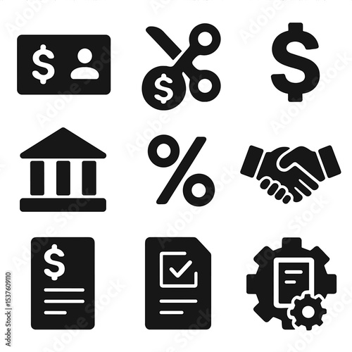 Economic Policy Icons. Solid, filled icons set of economic policies: stimulus check, tax cut, monetary symbol,