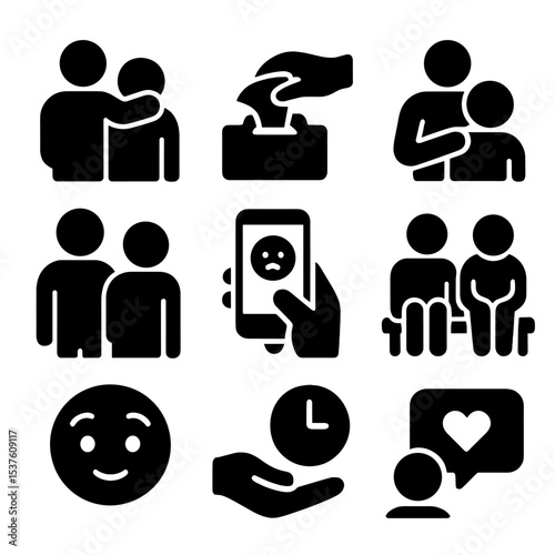 Support Icons Set. Solid, filled icons set of supporting someone through sadness: hand on back, tissue pass,