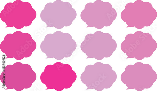 All the bubbles have a distinctive, rounded, cloud-like, or scalloped edge design. This vector image features twelve speech bubbles.