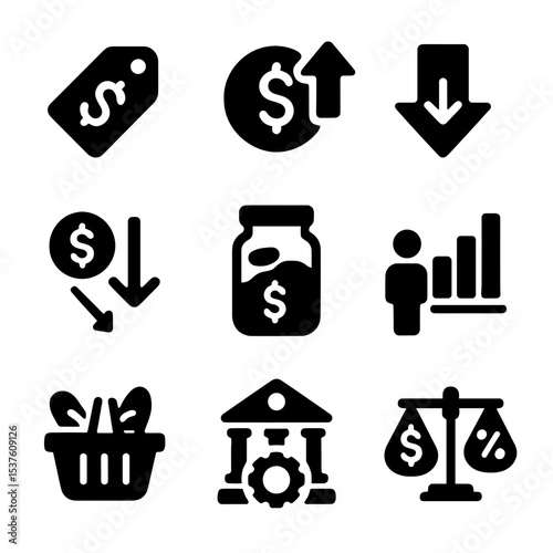 Inflation and Deflation Icons. Solid, filled icons set of inflation and deflation: price tag, rising cost,