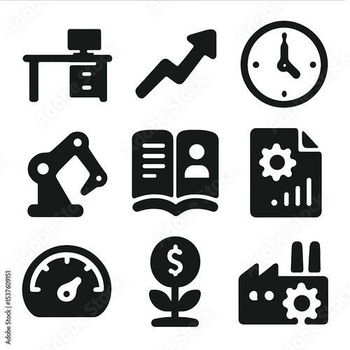Economic Productivity Icons. Solid, filled icons set of economic productivity: work desk, output arrow, labor