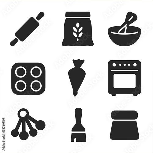 Baking Essentials Icons. Solid, filled icons set of baking fundamentals: rolling pin, flour bag, mixing bowl,