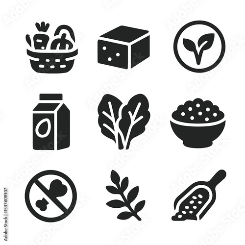 Vegetarian Icons Grid. Solid, filled icons set of vegetarian and vegan cooking: vegetable basket, tofu block,