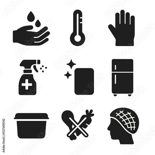 Food Safety Icons. Solid, filled icons set of food safety and hygiene: handwash sign, thermometer, glove icon,