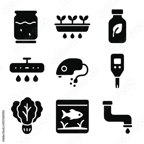 Hydroponic Icon Grid. Solid, filled icons set of hydroponic and aquaponic gardening: water tank, grow tray,
