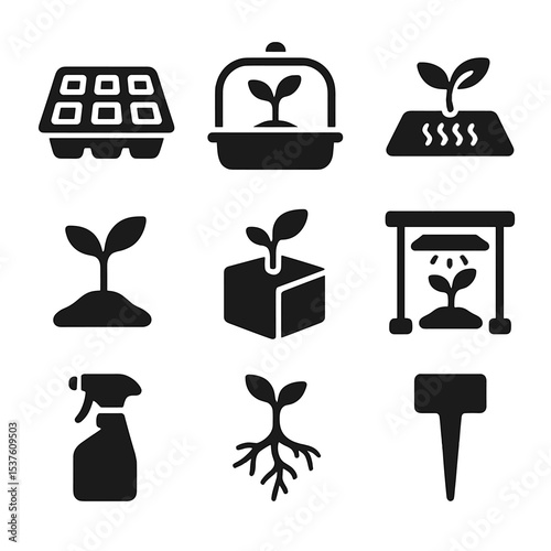Propagation Tools Icons. Solid, filled icons set of seedling and propagation tools: seed tray, humidity dome,