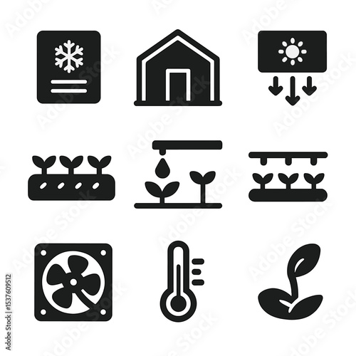Hydroponics Icons Set. Solid, filled icons set of greenhouse hydroponics setup: climate control, glass