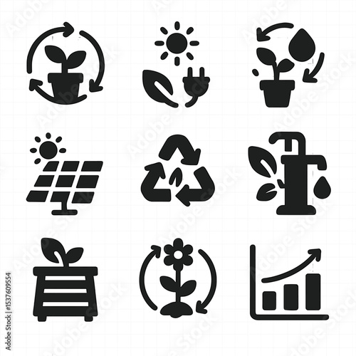 Sustainable Gardening Icons. Solid, filled icons set of sustainable gardening systems: closed loop, green