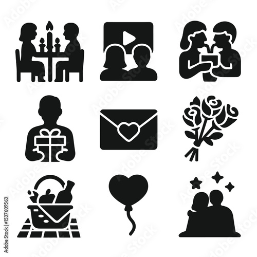 Romantic Icons Grid. Solid, filled icons set of romantic dates and gestures: candlelit dinner, movie night,