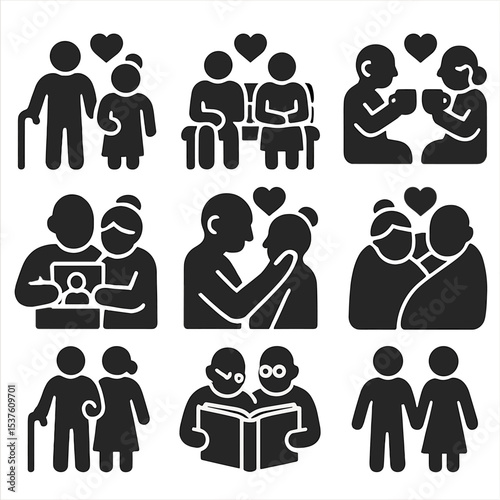 Elderly Love Icons. Solid, filled icons set of elderly couples in love: cane pair, garden bench, shared tea,
