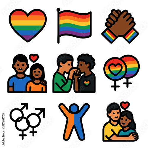 LGBTQ+ Love Icons. Solid, filled icons set of LGBTQ+ romantic couples: rainbow heart, pride flag, same-gender