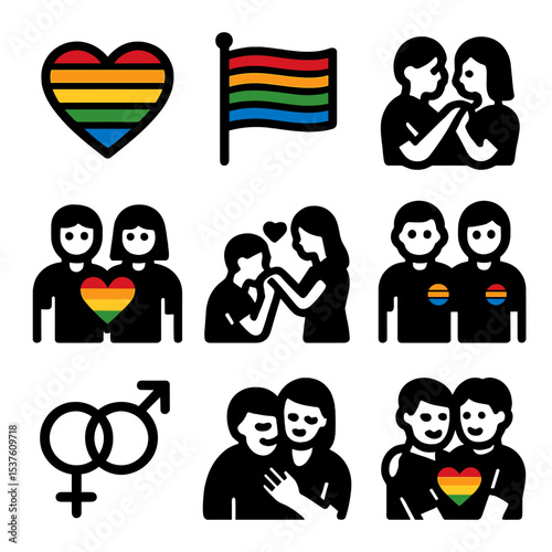 LGBTQ+ Love Icons. Solid, filled icons set of LGBTQ+ romantic couples: rainbow heart, pride flag, same-gender
