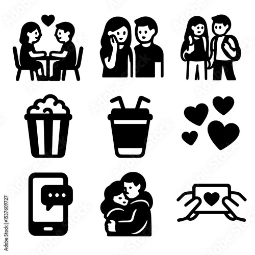 Young Love Icons. Solid, filled icons set of young love and dating: first date, shy glance, school hallway