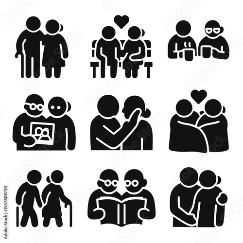 Elderly Love Icons. Solid, filled icons set of elderly couples in love: cane pair, garden bench, shared tea,