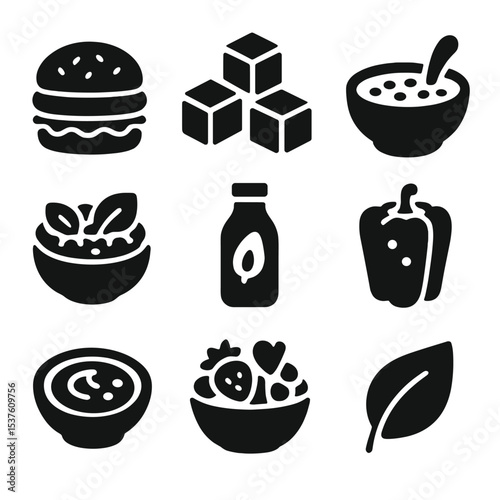 Vegan Meals Icons. Solid, filled icons set of vegetarian and vegan meals: veggie burger, tofu cubes, lentil