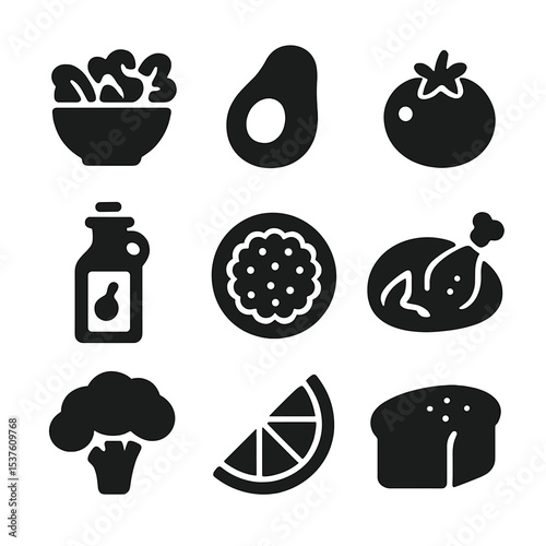 Healthy Meal Icons. Solid, filled icons set of healthy meals and fresh ingredients: salad bowl, avocado,