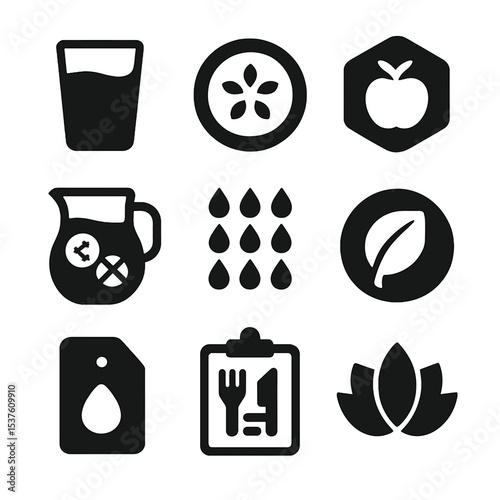 Hydration and Wellness Icons. Solid, filled icons set of hydration and clean eating habits: water glass,