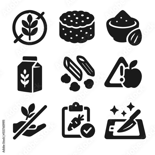 Gluten-Free Food Icons. Solid, filled icons set of gluten-free and allergy-safe foods: gluten-free label, rice