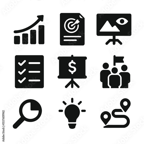 Startup Strategy Icons. Solid, filled icons set of startup planning and strategy: growth graph, mission