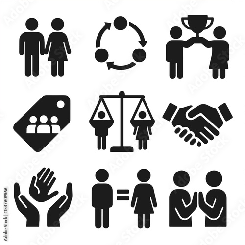 Workplace Equality Icons. Solid, filled icons set of workplace equality and cooperation: male and female icon,
