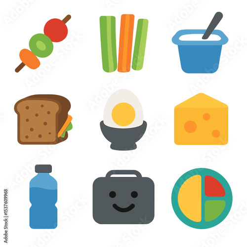 Kids' Healthy Meal Icons. Solid, filled icons set of kids' healthy meals: fruit kabob, veggie sticks, yogurt