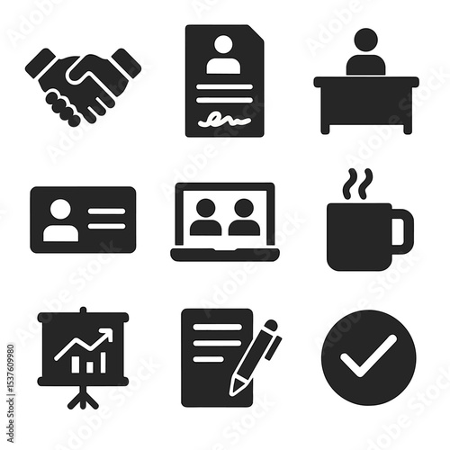Business Icon Set. Solid, filled icons set of business partnership discussions: handshake, contract document,
