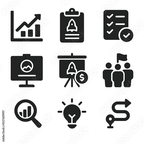 Startup Strategy Icons. Solid, filled icons set of startup planning and strategy: growth graph, mission