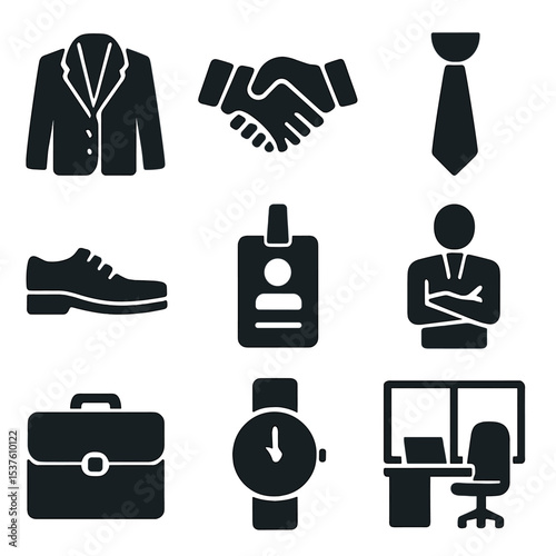 Professional Icons Grid. Solid, filled icons set of business attire and professionalism: blazer icon, formal