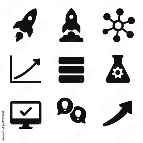 Business Innovation Icons. Solid, filled icons set of business innovation and scaling: rocket icon, startup