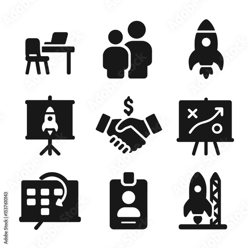 Startup Icons Grid. Solid, filled icons set of startup incubators and accelerators: coworking desk, mentorship