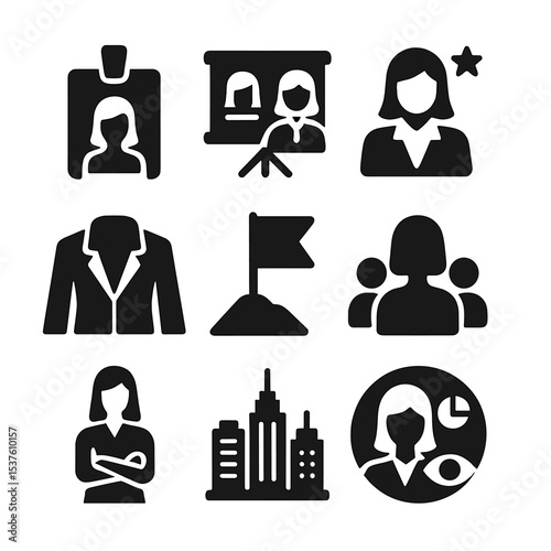 Women in Tech Icons. Solid, filled icons set of female leadership in tech: CEO badge, presentation board,