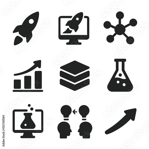 Business Innovation Icons. Solid, filled icons set of business innovation and scaling: rocket icon, startup