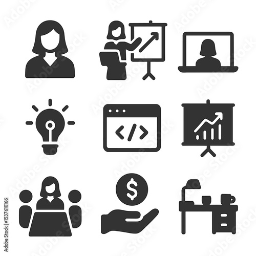 Women-Led Tech Icons. Solid, filled icons set of women-led tech startups: female founder, startup pitch,