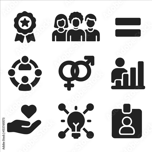 Diversity Icons Grid. Solid, filled icons set of diversity in tech: inclusion badge, diverse team, equal sign,