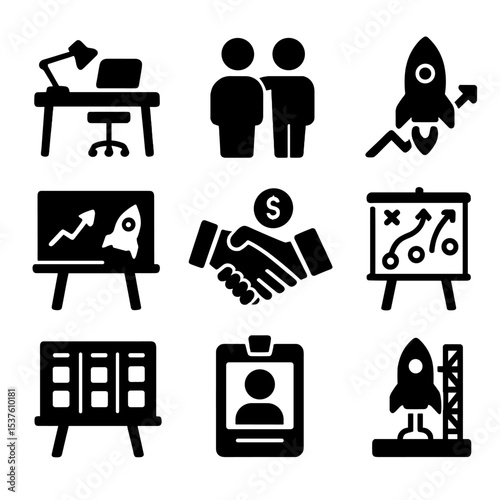 Startup Icons Grid. Solid, filled icons set of startup incubators and accelerators: coworking desk, mentorship
