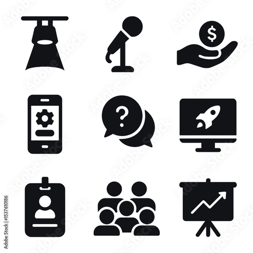 Startup Event Icons. Solid, filled icons set of pitch events and demo days: stage spotlight, pitch mic, app