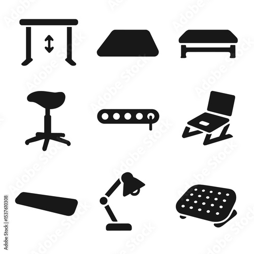 Ergonomic Desk Essentials. Solid, filled icons set of setting up a standing desk for comfort: adjustable desk,