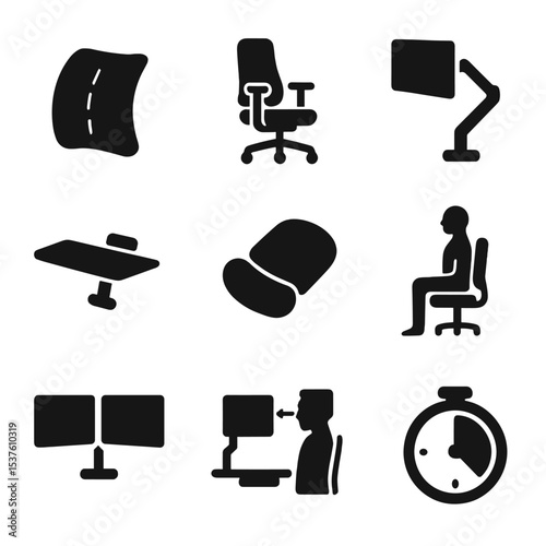Ergonomic Workspace Icons. Solid, filled icons set of ergonomic workspace setup: lumbar support, adjustable