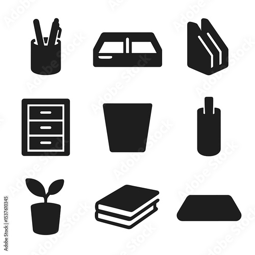 Minimalist Desk Icons. Solid, filled icons set of minimalist desk organization: pen holder, tray divider,